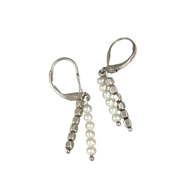 Sterling Silver & Pearl Dangle Earrings With Leverback Closure Vintage - Picture 1 of 8